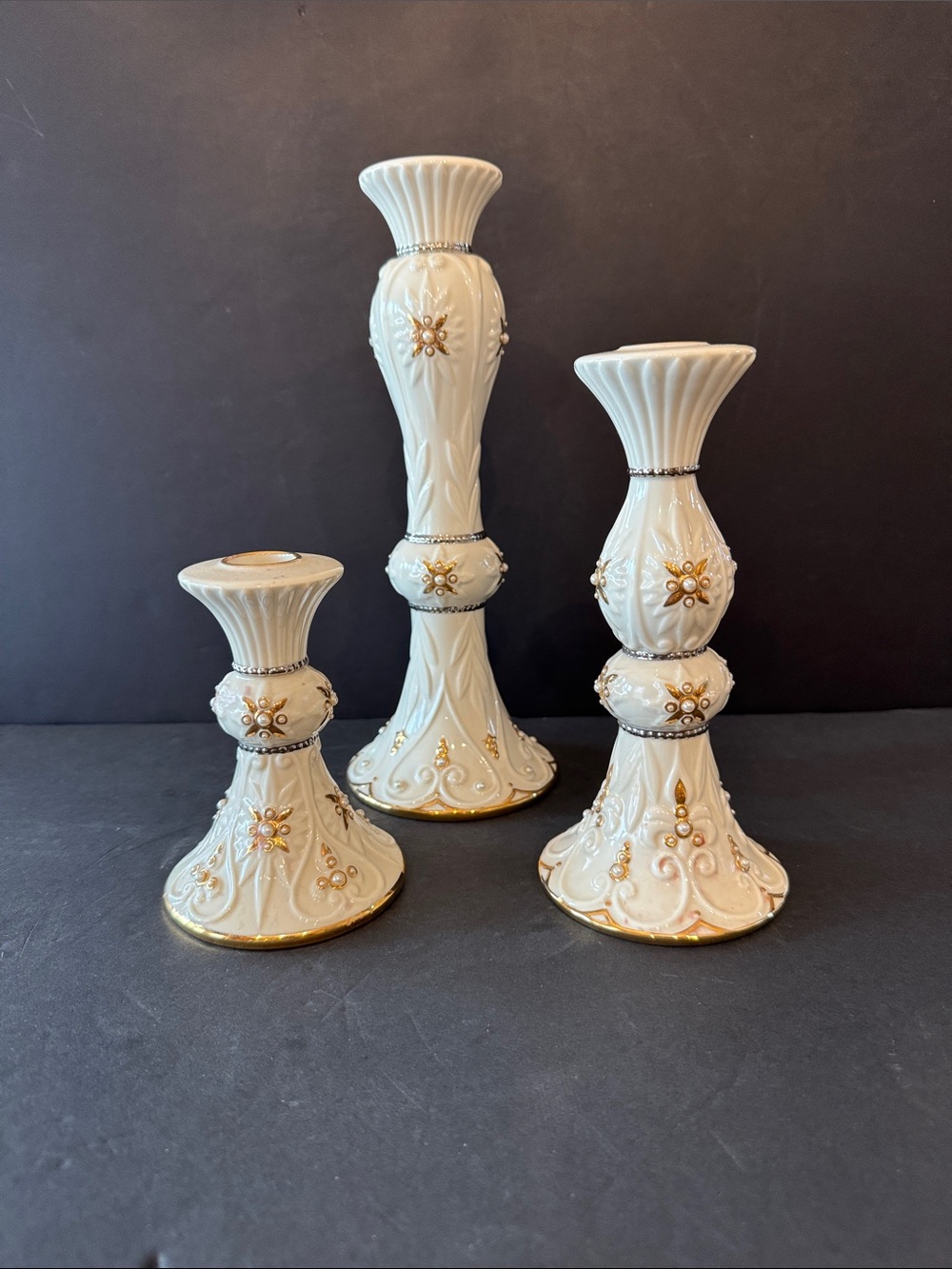 Lenox White and Gold Embellished Porcelain Candle Holders - Set of 3